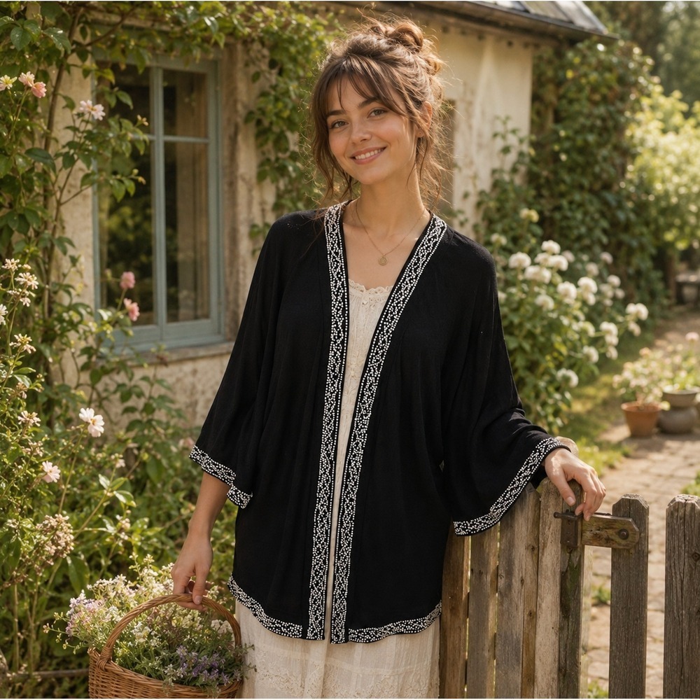Anthropologie LEIFNOTES Twirled Trim Beaded Kimono Cardigan Sweater Black Small